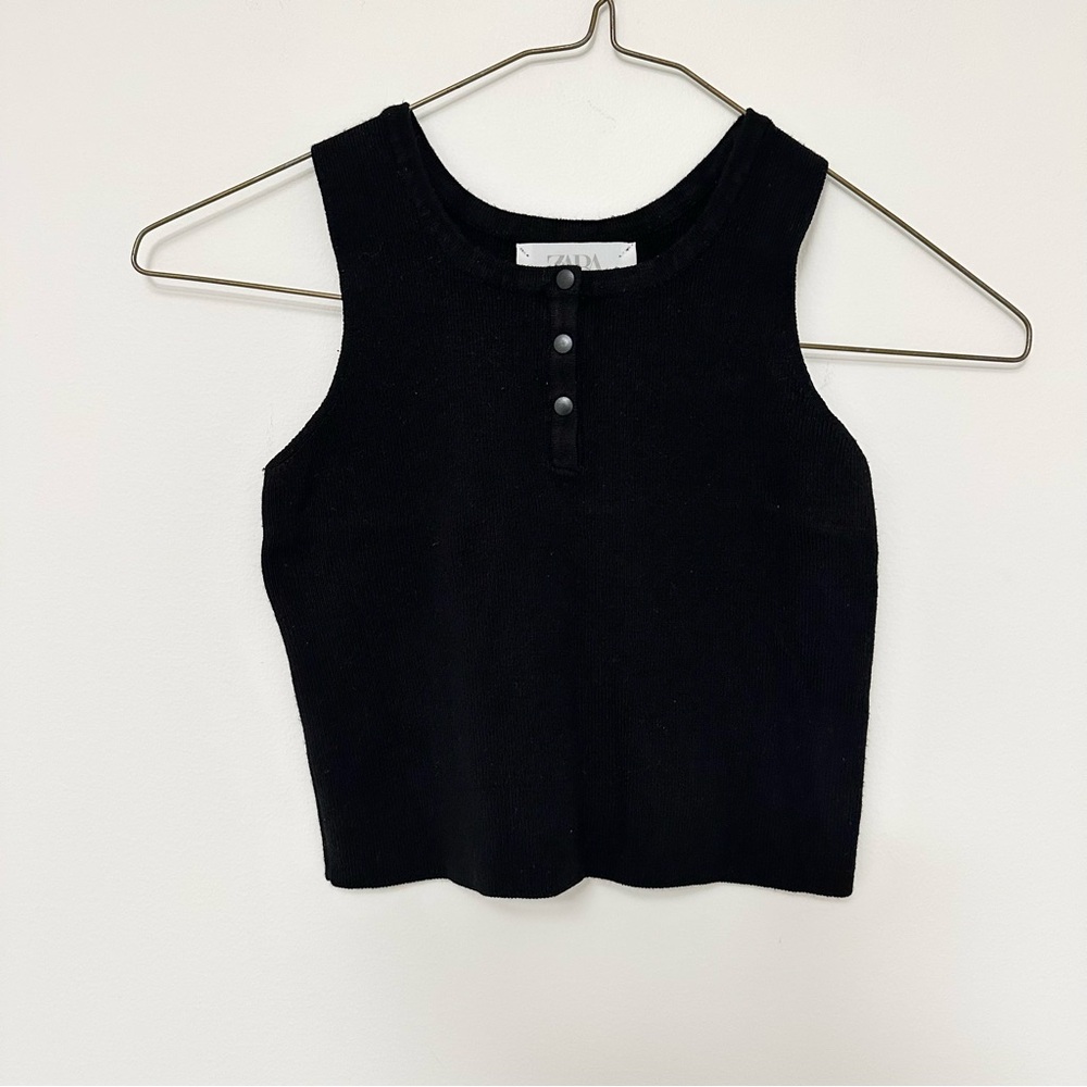 Zara Black Ribbed Crop Top Tank Top Henley Style Button Placket Girls size 9